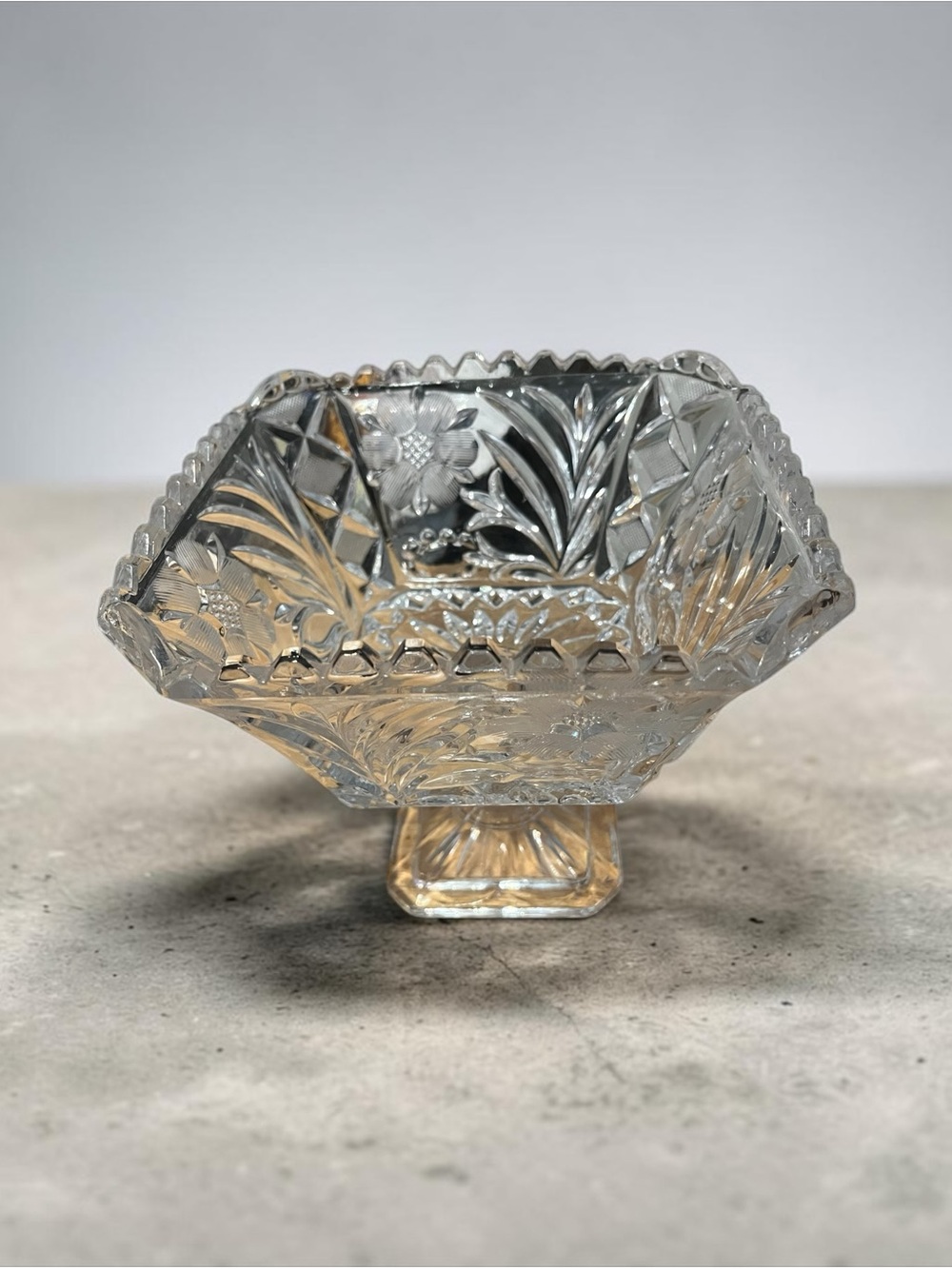 Clear Cut Glass Pedestal Bowl with Floral Motif